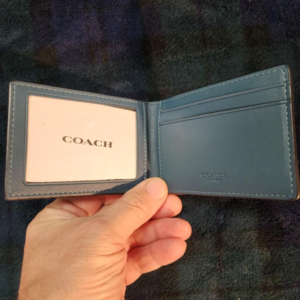 Coach Signature Print Blue Slim Bifold Wallet - Picture 2 of 4